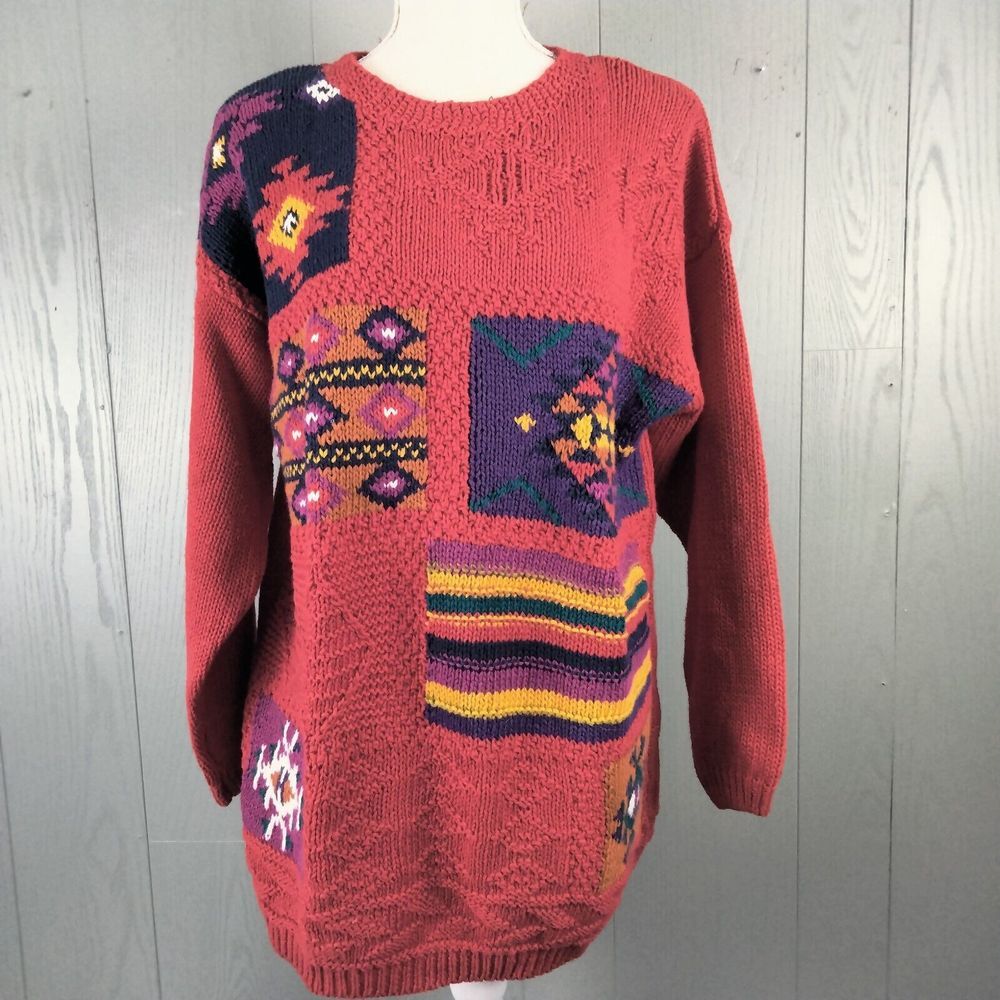 Vintage SK WEAR Sweater Womens M Red Chunky Knit Aztec Tribal Colorful‎ Bright